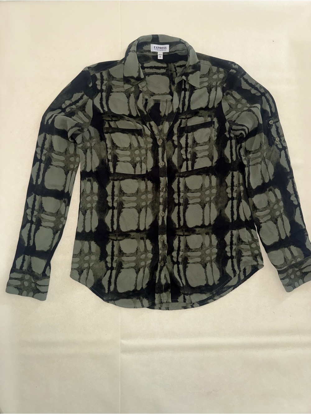Express Women's Olive & Black Patterned Button-Down Shirt